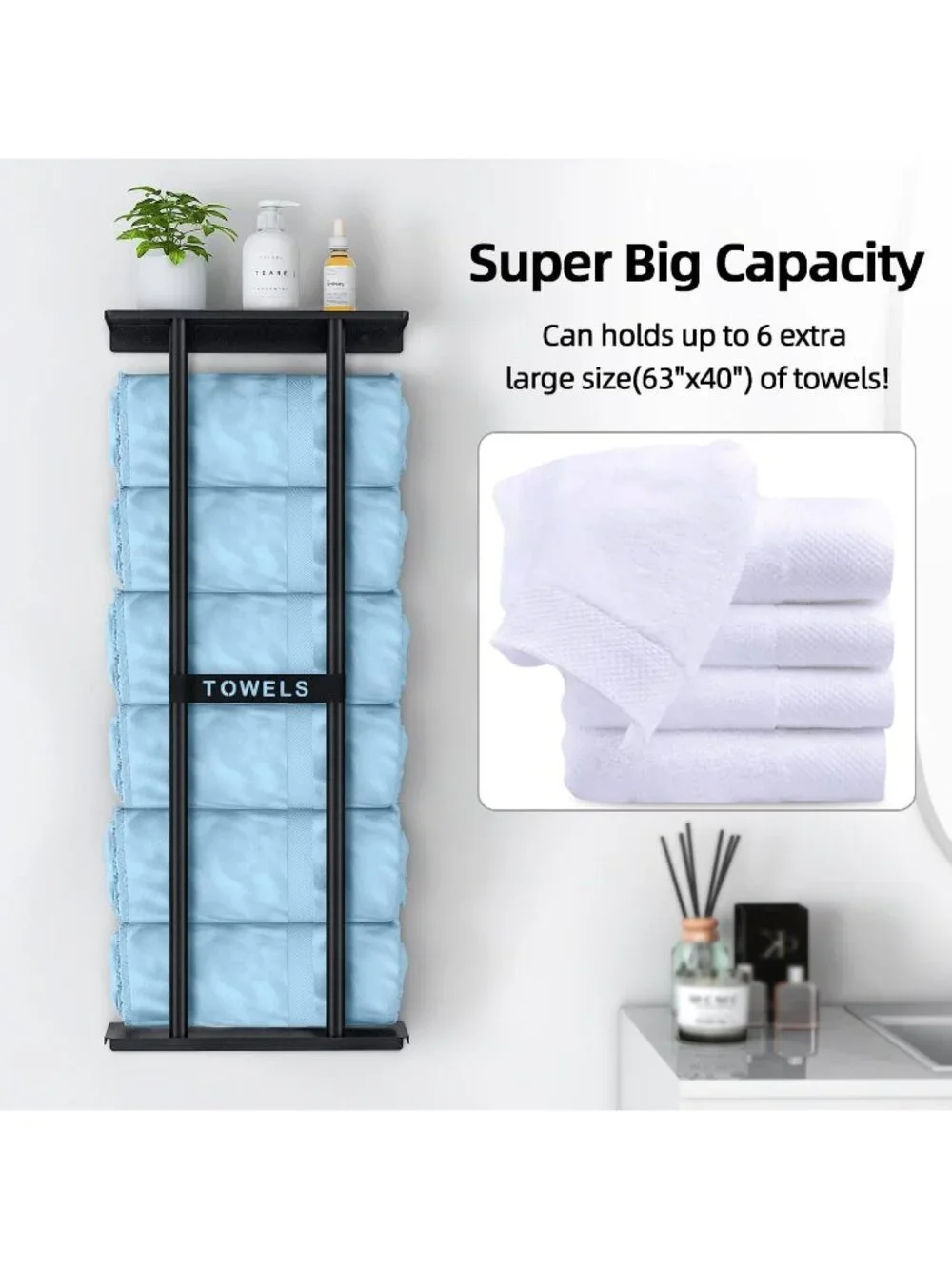 New 30 inch Black Wall Mounted Towel Rack with Shelf Holds 6 Towels Bathroom